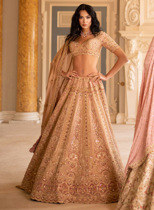 green emerald velvet dress Peach Gold Bridal Lehenga With Blouse, Dupatta And Veil – AGASHE