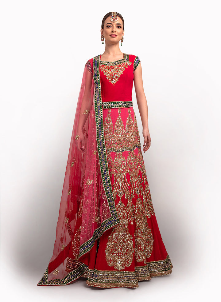 sonascouture - Red And Pink Shaded Silk Georgette Lengha BW006