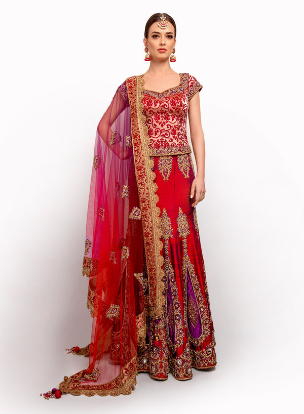 sonascouture - Magenta Silk Brocade A-Line Lengha BW012