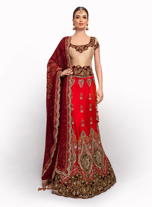 sonascouture - Gold/Red and Maroon Bridal Lengha BW016
