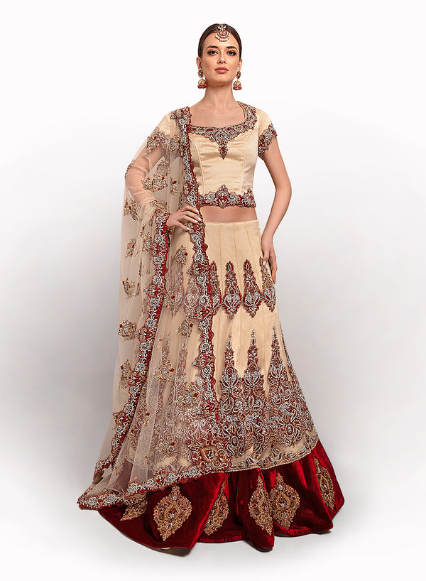 sonascouture - Cream And Maroon Bridal Lengha BW024