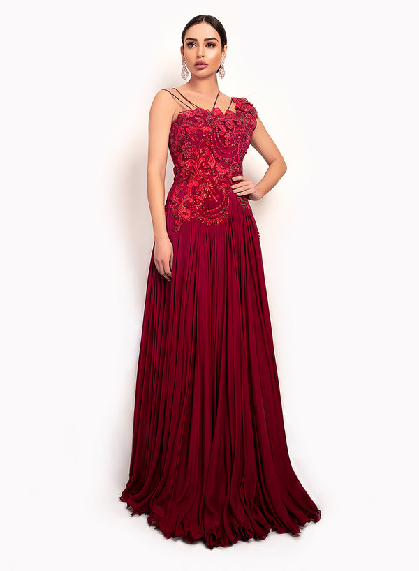 sonascouture - Maroon One-Shoulder Gown GW012