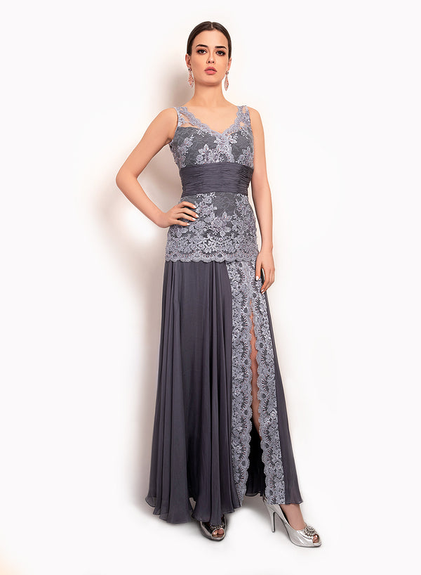 sonascouture - Charcoal Grey Lace Gown GW018