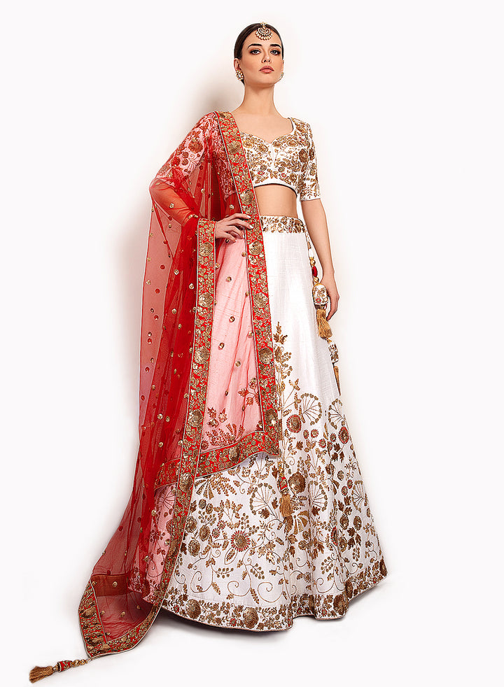 sonascouture - Raw Silk White And Red Lengha BW138
