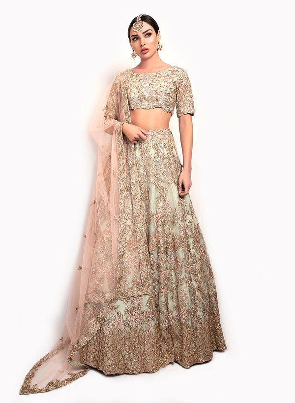 sonascouture - Light Jade Green And Dusty Pink Bridal Lengha BW143