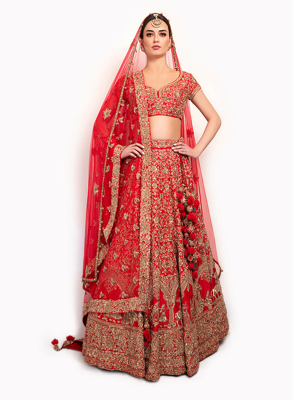 sonascouture - Silk Red Lengha Detailed With Gold Zardozi Work BW146