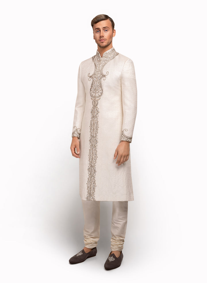 sonascouture - White Self Print Brocade Sherwani MM029