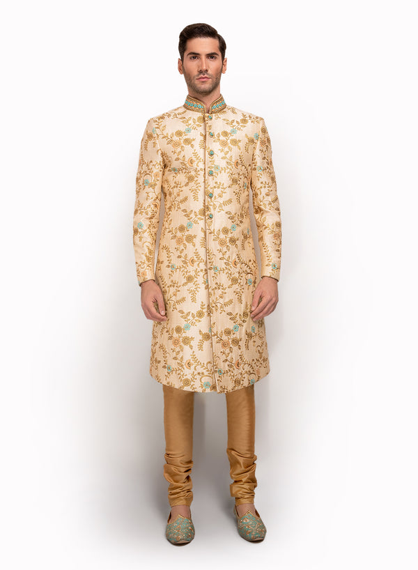 sonascouture - Gold Sherwani Fully Detailed With Floral Pattern MM052