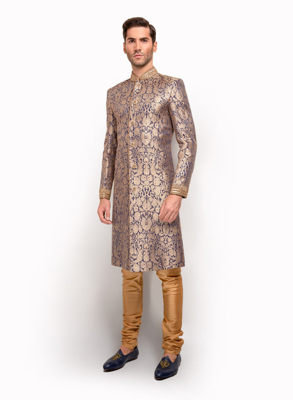 sonascouture - Navy Blue Silk Brocade Sherwani MM066