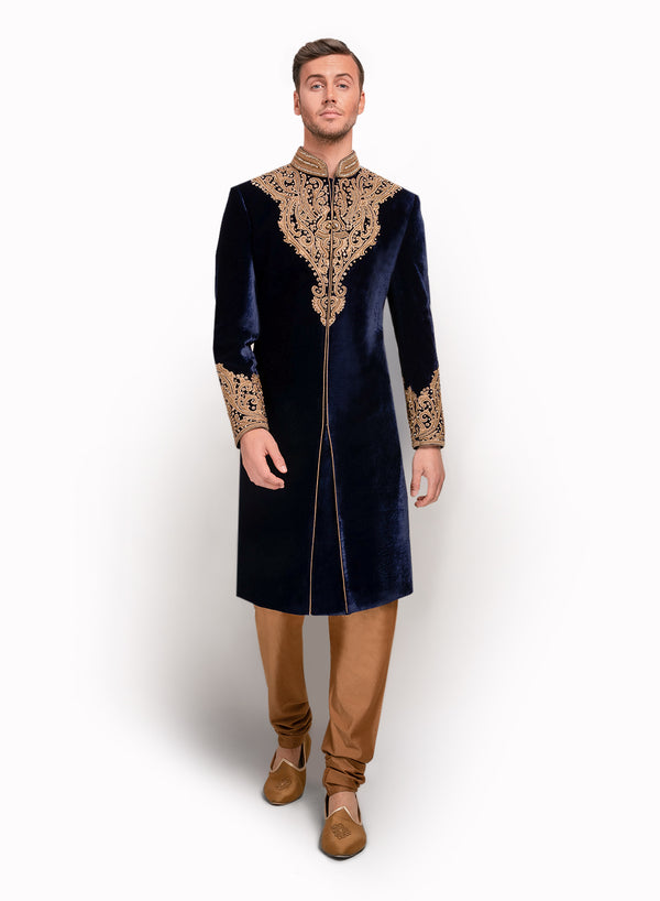 sonascouture - Velvet Sherwani Detailed With Antique Gota MM071