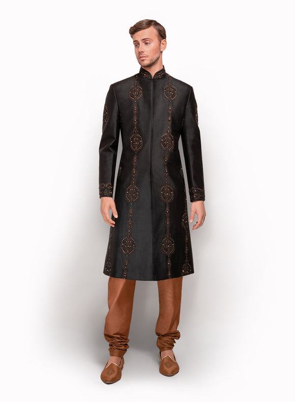 sonascouture - Fine Silk Sherwani Detailed With Black Beads MM080