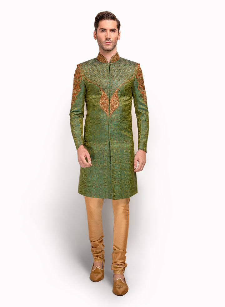 sonascouture - Green Brocade Sherwani With Embroidery MM093