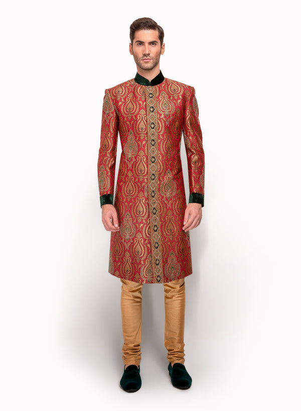 sonascouture - Red And Green Brocade Sherwani MM109