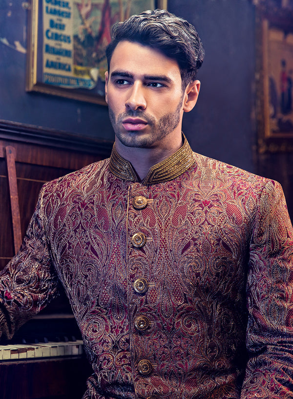 sonascouture - Maroon Brocade Sherwani M113