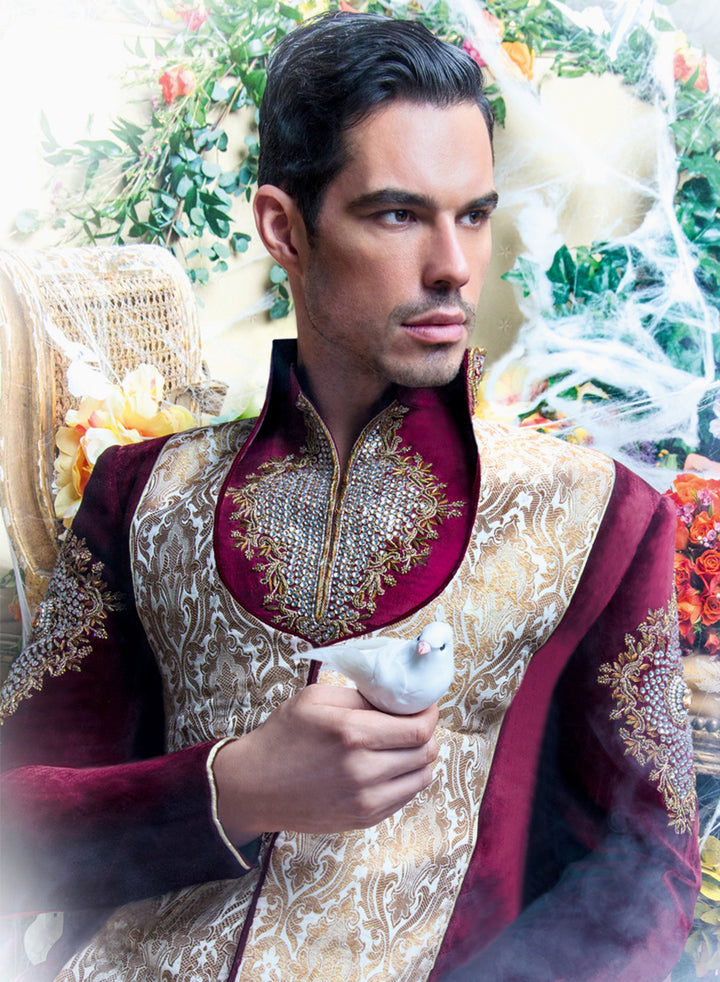 sonascouture - Gold And Maroon Kundan Sherwani M252