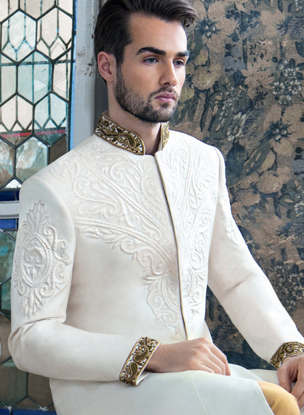 sonascouture - Ivory Embossed Sherwani M264