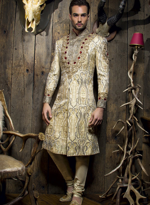 sonascouture - Heavy Ivory/Gold Sherwani M274