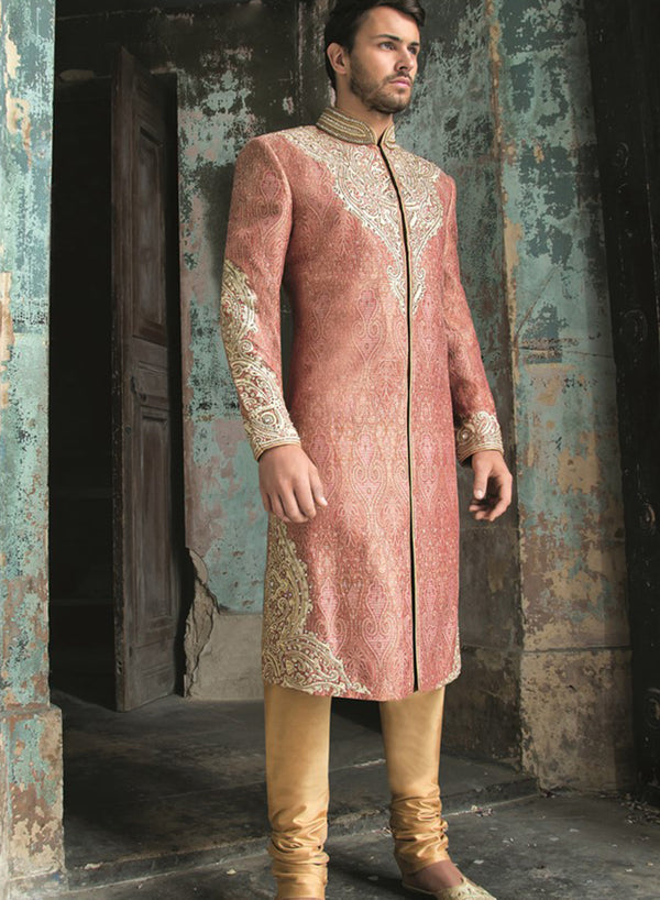 sonascouture - Dark Peach And Gold Brocade Sherwani M280