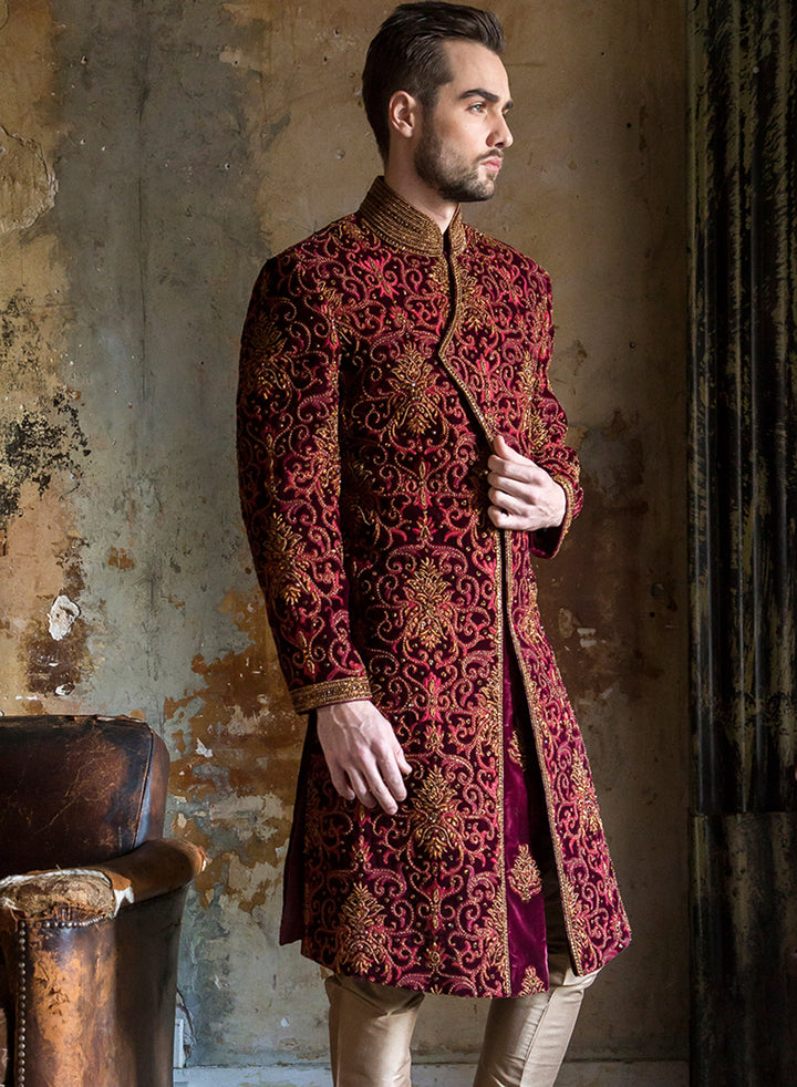 sonascouture - Heavy Maroon Sherwani M293