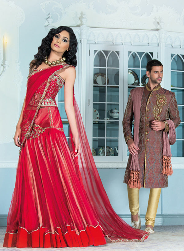 sonascouture - Grey Red Sherwani M302