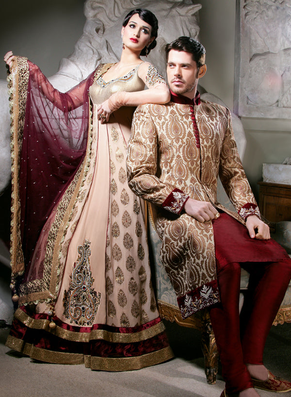 sonascouture - Maroon Gold Sherwani M304