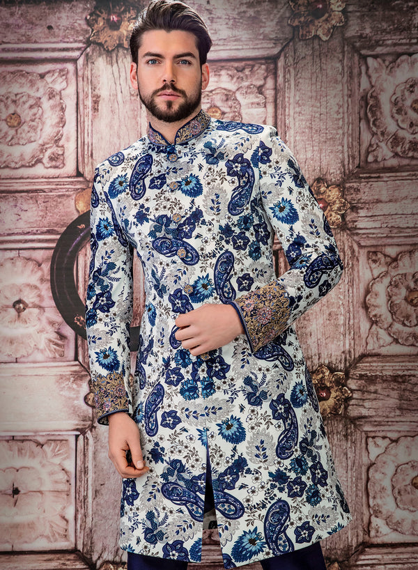 sonascouture - White And Royal Blue Sherwani M359