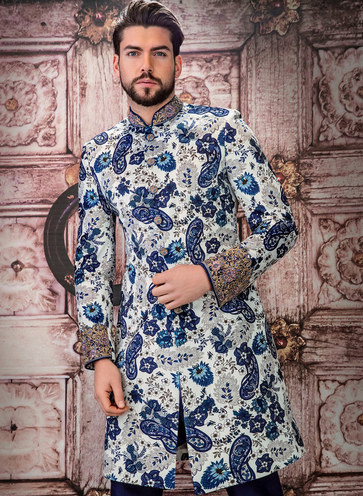 sonascouture - White And Royal Blue Sherwani M359