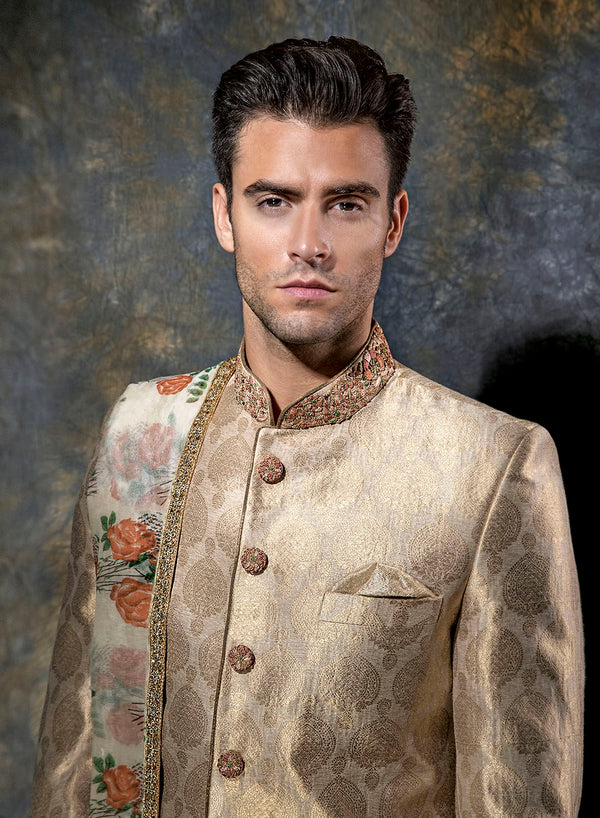 sonascouture - Gold Silk Brocade Sherwani M368