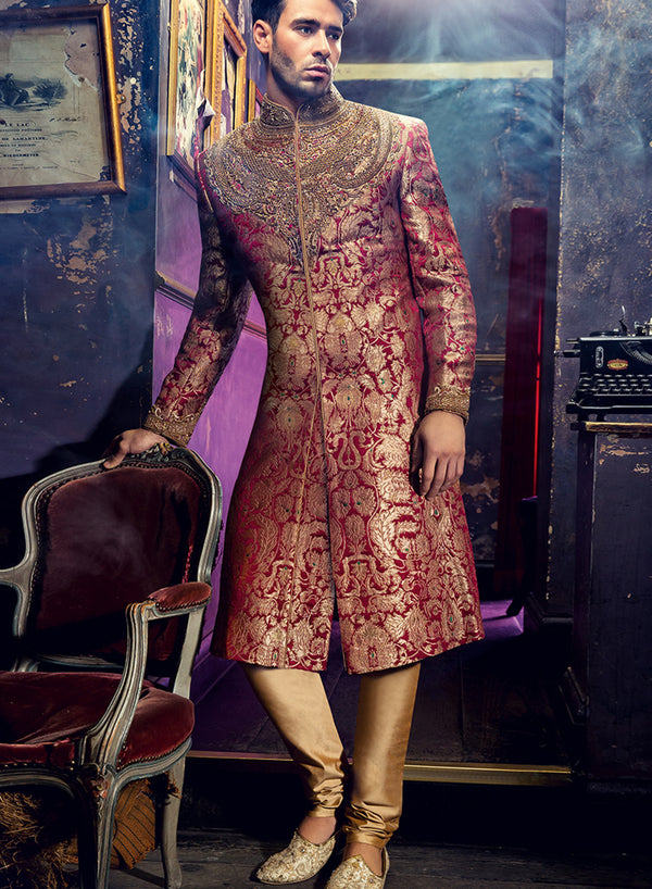 sonascouture - Brocade Red Sherwani M379