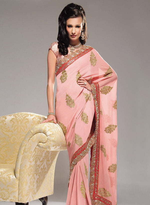 sonascouture - Salmon Pink/Red Pearl Saree W148