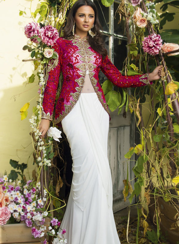sonascouture - Unique Fuchsia And White Saree Gown W276