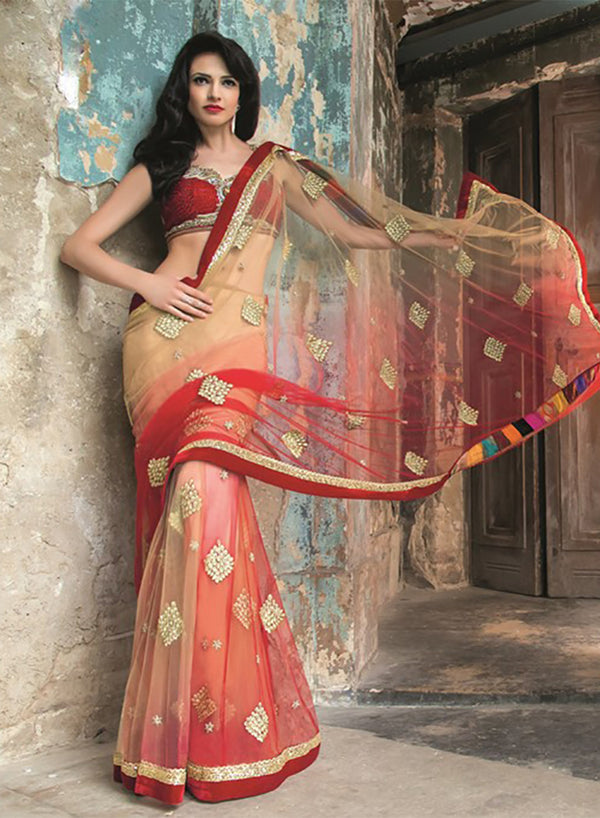 sonascouture - Elegant Red And Gold Shaded Concept Saree W279