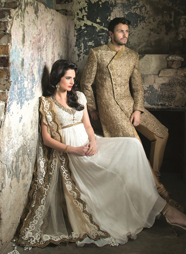 sonascouture - Elegant Ivory And Gold Anarkali W281