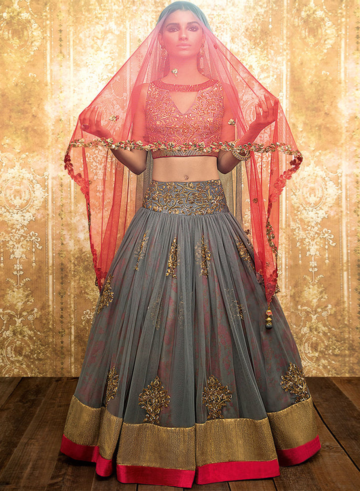 sonascouture - Grey And Pink Floral Lengha W309