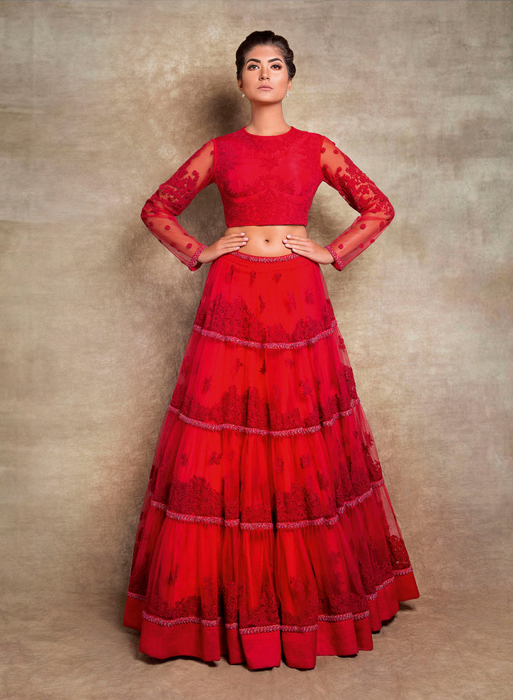 sonascouture - Modern Red Tiered Lengha W391
