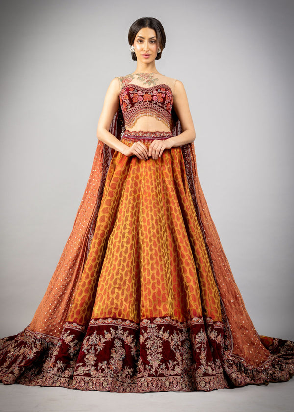 Rust and Wine Brocade Train Lehenga W450